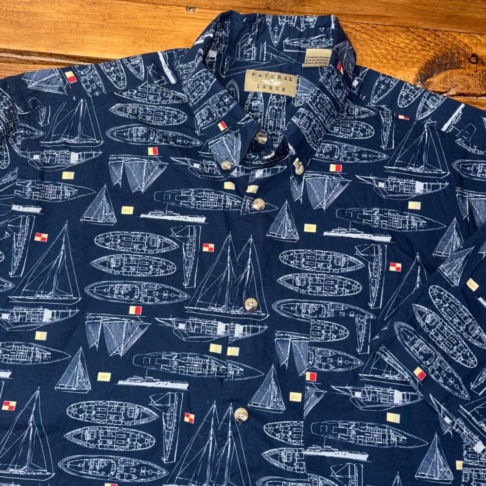 Natural Issue Button‎ Shirt Mens Medium Blue Sailboat Nautical Navy Print Cotton